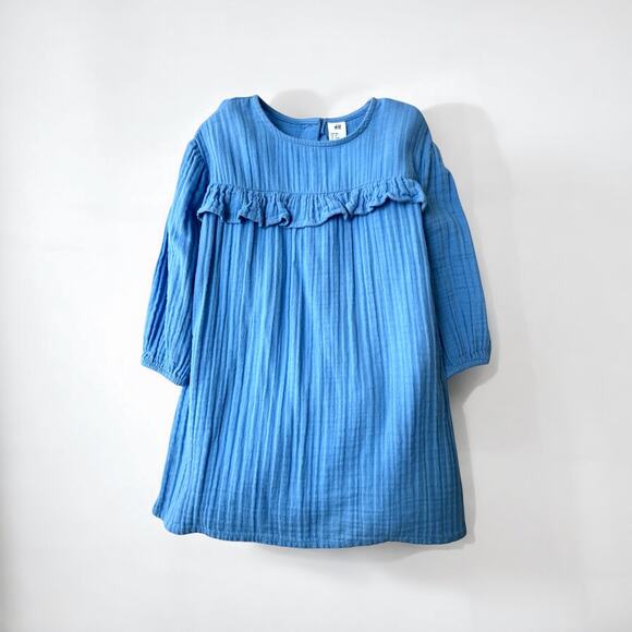 H&M Muslin Textured Dress Ruffled Front, Size 104/ 4T, Blue - Picture 1 of 8